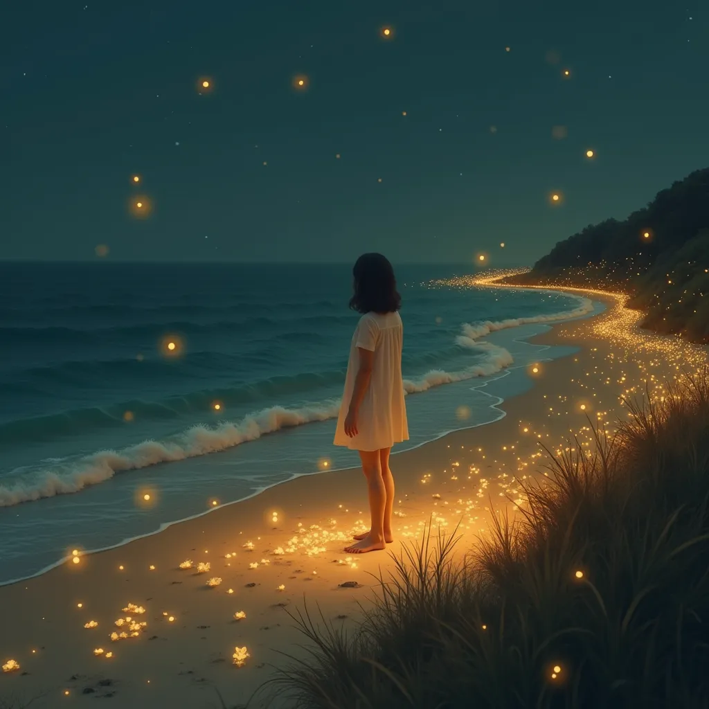 Beach at night with fireflies