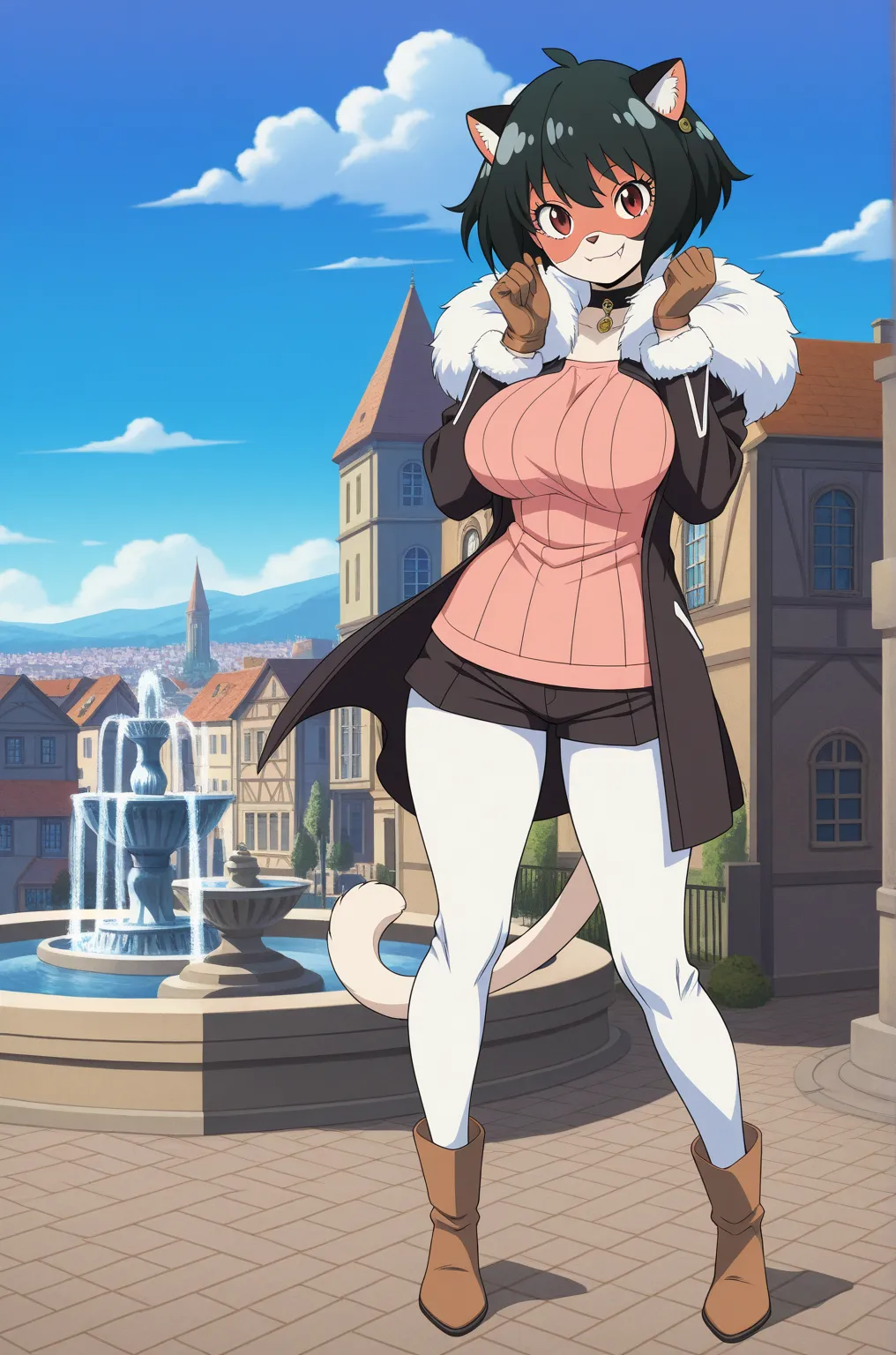 1girl, fountain, black_hair, shorts, solo, collar, breasts, short_hair, red_eyes, outdoors, gloves, large_breasts, looking_at_viewer, fang, a woman in a pink top and white pants standing in front of a building, town in the background, standing in a city ce...