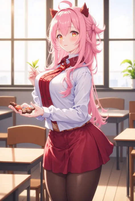 Yae miko(from genshin impact), pink hair, standing in classroom , japanese anime school uniform, tights, giving out valentines chocolate with both hands, blushing, looking slightly down, beautiful, cute, accurate, clear, 5 fingers, slightly bending down, p...