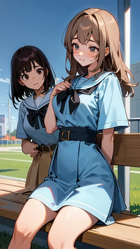 ( completely anatomically correct、8k, Highest quality, masterpiece: 1.2), 
two high school students in school uniforms:1.3,
sitting on a school bench, Have a secret conversation,
super detailed illustrations、Moe picture style illustrations、
High resolution...