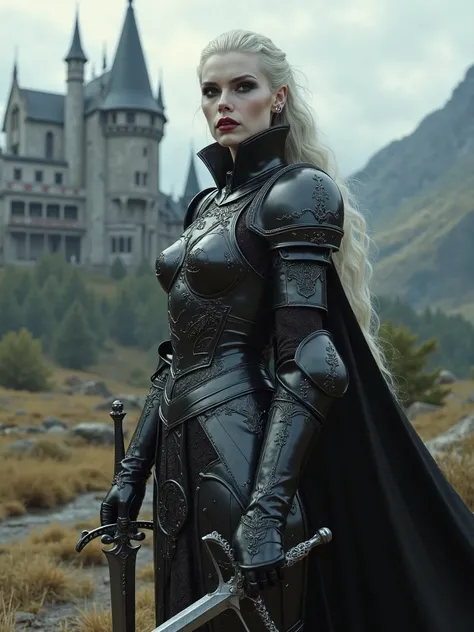 Beautiful pink Countess Dracula, dressed in black knightly armor, stands with a sword in a clearing, the background is her castle in the Carpathians, ultra-realistic details of the face and limbs