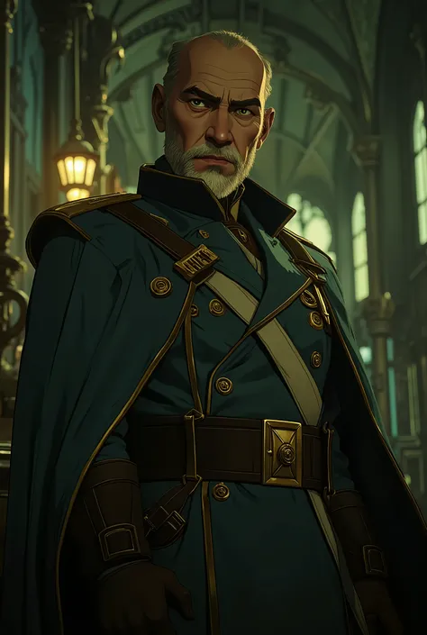 professional photo of grey bearded old actor Christopher Lee, bald, textured short caesar hair cut, perfect eyes, wearing blue European hussar outfit, (hussar, pelisse), moody, large depth of field, warhammer_40k_commissar, warhammer 40k commissar, deep de...