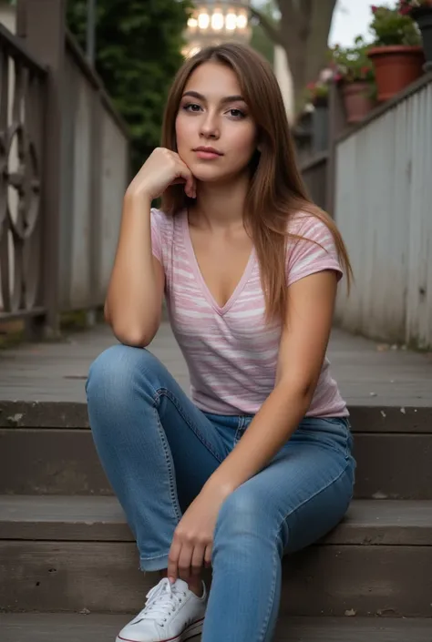 woman sitting on a staircase. Hat ein rosanes Tshirt an. a pair of jeans and sneakers.  style photorealistic ,  sharp focus, very detailed,   full body