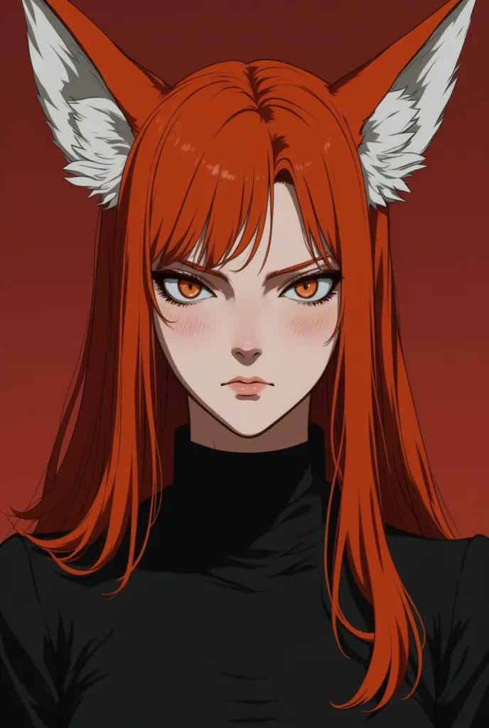 Realistic: Adult woman with Kitsune ears and caldas, white with orange ears, curvilinear body, long red hair, wearing black clothes from 1880, firm expression, strong and irritated, your face is round and with freckles, your eyes are a bit big