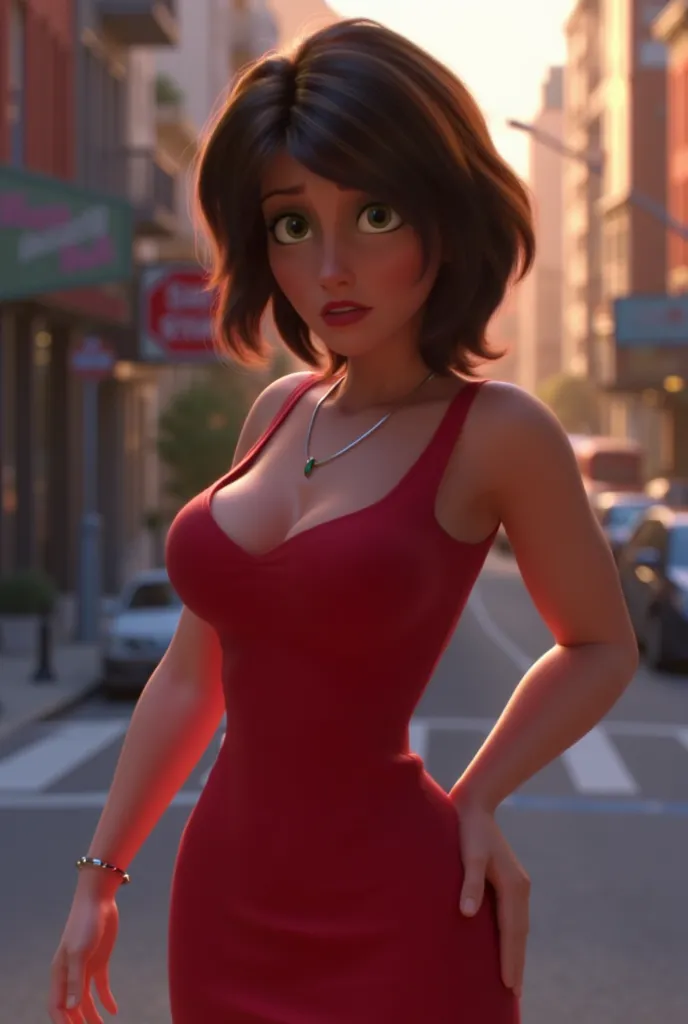 Sexy dress aunt cass from big hero 6, standing street, on side, full body, high resolution 8k, rounded breast, grab breast, 