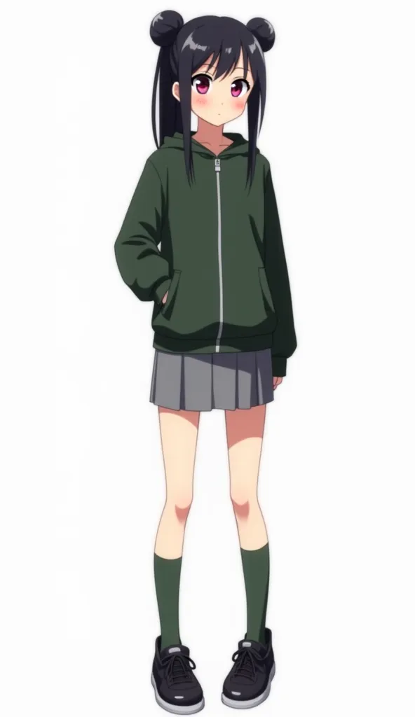 Japanese anime adolescent woman with long straight black hair with two pigtails and short tufts and intense magenta eyes and wears a dark green zipped sweatshirt, a short gray skirt , green knee-length socks and black shiny leather sneakers with laces and ...