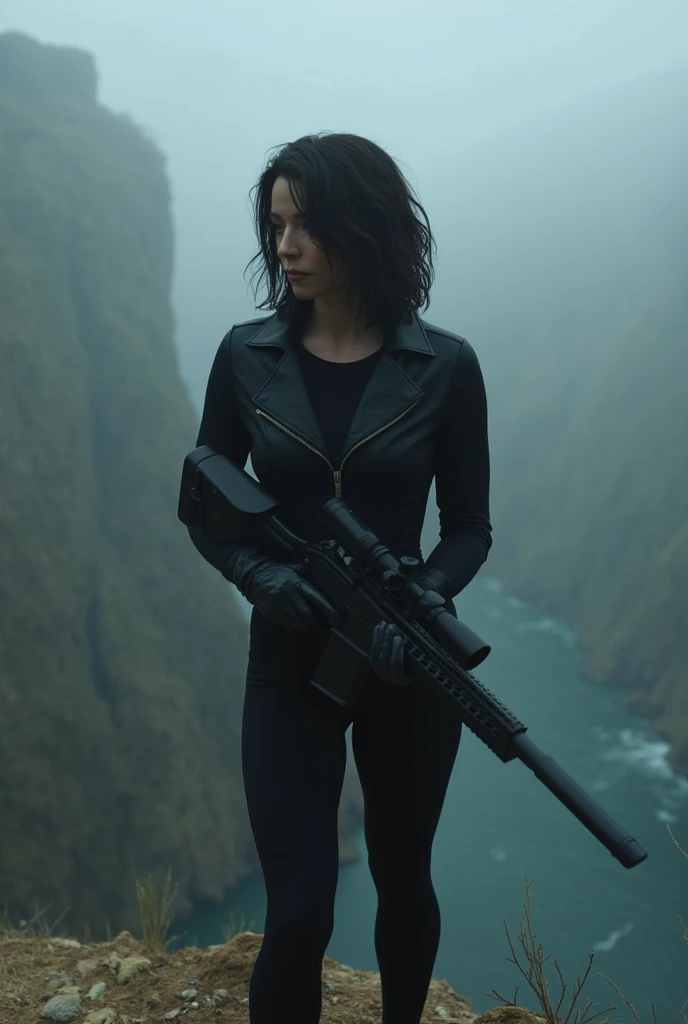 Anya (black messy wavy bobbed  hair) wesring black lycra bodysuit. Black leather jacket holding a sniper rifle. Standing at the edge of a misty gorge. Bottom of the gorge hidden  in mist. 






