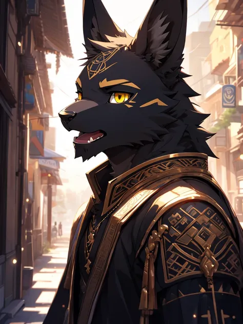  A high resolution, best quality, perfect colors, perfect shadows, perfect lighting, portrait, chibi, male, furry, Anubis anthro, Black fur, solo, Yellow eyes, (Realistic eye details 1.2), ultra detailed face, tired face, yawning, depth of field, motion bl...