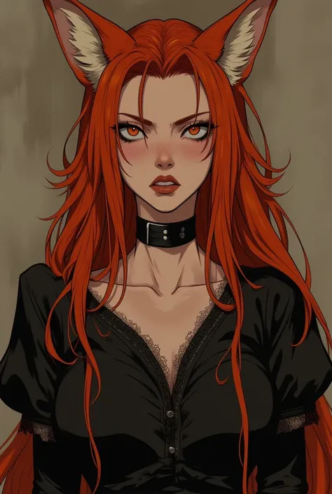 Realistic: Adult woman with Kitsune ears and caldas, white with orange ears, curvilinear body, long red hair, wearing black clothes from 1880, firm expression, strong and irritated, Your face is round and with freckles, Your eyes are a bit big