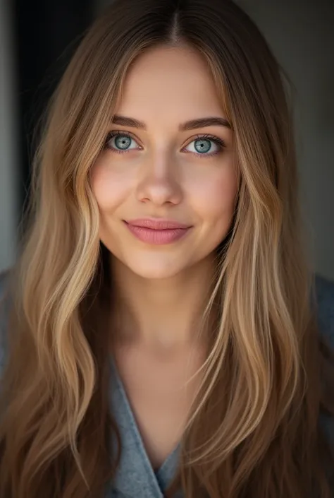 A photorealistic portrait of a 23-year-old American woman with enchanting blue eyes and long, wavy blonde hair cascading over her shoulders. Dressed in a fashionable modern ensemble, she exudes elegance and poise. The focus is on her face, capturing every ...