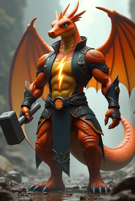 Charizard dressed in NORDICA, clothing a lightning bolt in his chest and holding a hammer