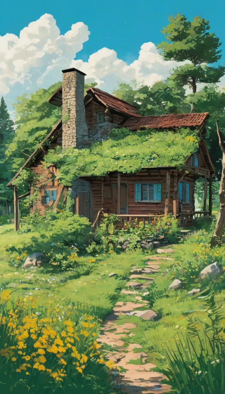 (Minimalism: 1.4), rich details draw simple art in the style of Tintin,a*  
*"A digital illustration of a rustic cabin in a vibrant natural landscape, with a style similar to Tintin art!!!!. The cabin has a roof of aged red tiles with irregular texture and...