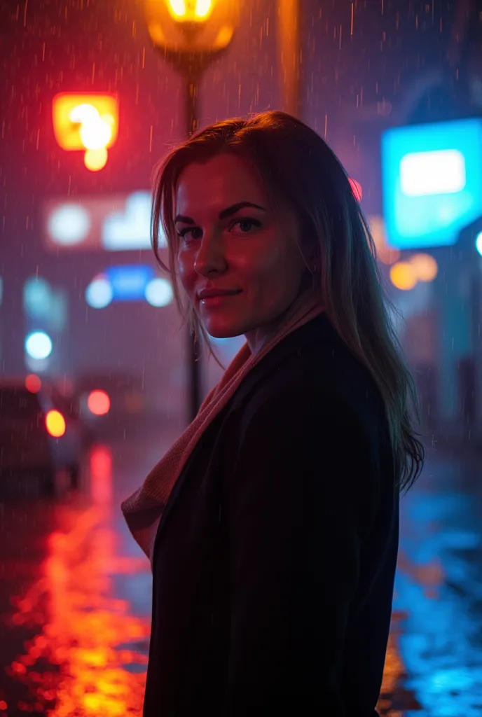 Closeup, face visible, woman standing in rain, umbrella, night, street lamp, 8K, detailed, realistic, photorealistic, cinematic, moody lighting, dramatic atmosphere, wet pavement, puddles, neon light reflections, dramatic pose, pensive expression, hyper-de...