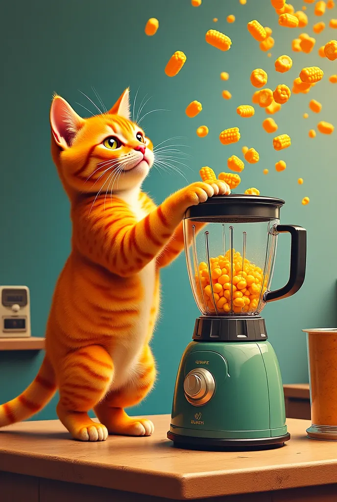 
“In a whimsically surreal kitchen, a vibrant orange cat stands on its hind legs next to a vintage blender. With a determined glint in its eyes, it energetically tosses golden corn into the blender, creating a swirl of kernels and light. The scene is rende...