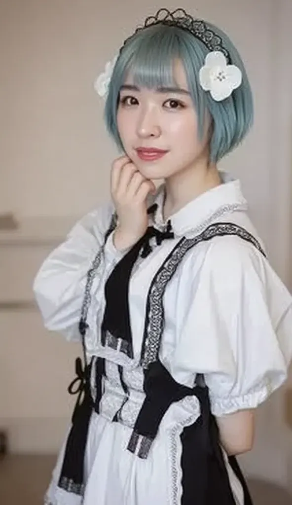 full body、 short hair,  Pastel Blue Hair  、and is styled in a black headband featuring white flowers and ear-like accents.  she says 、wears black and white maid clothes that accentuate her playful and cute beauty , Decorated with lace and ribbons, in、has s...