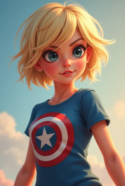 A  girl with very short blond hair wearing a Captain America shirt 