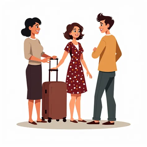 Future Tense Prompt (Semi-Realistic Cartoon Art - White Background - Group Scene):
A group of three friends, including a beautiful 27-year-old woman with short, wavy hair wearing a dark red floral dress, stand together in a cozy setting. One of them is pla...