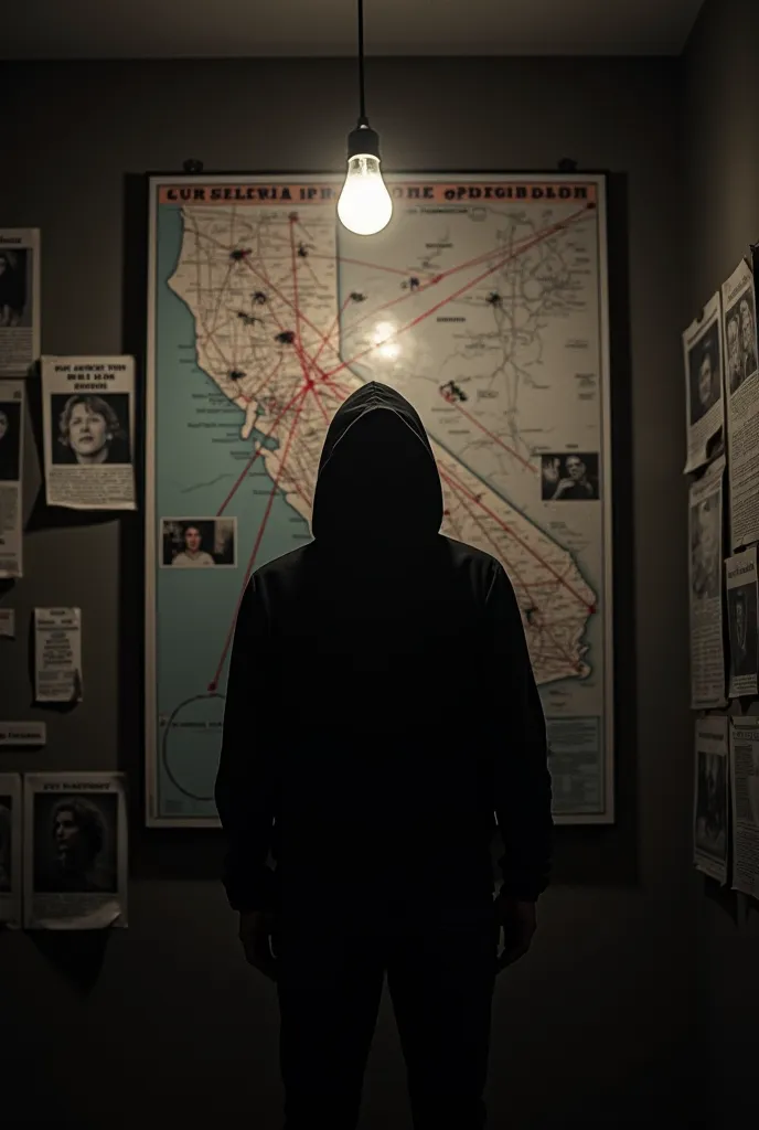 Create a dark and suspenseful image representing the unsolved mystery of the Zodiac Killer. The scene is set in a dimly lit room with a wall covered in newspaper clippings, photos of suspects, and red strings connecting clues. In the center, there's a shad...