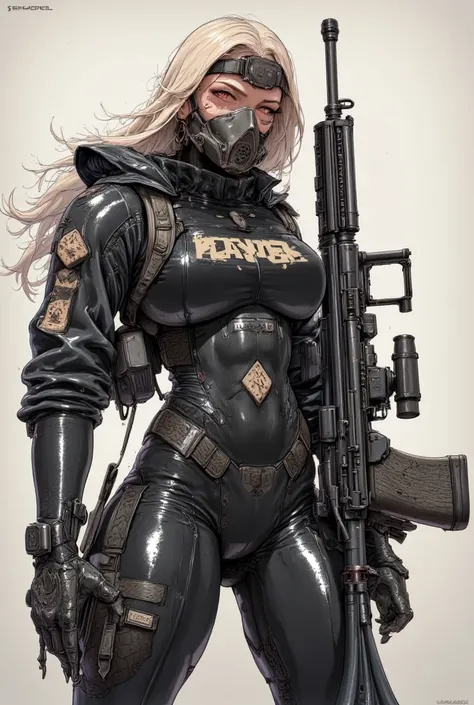 Beautiful woman with blond hair of 20 years old with red eyes wearing a black camouflage suit wearing a gas mask and a kar98k sniper with a laser and a scope and with a diamond camouflage in 2d style