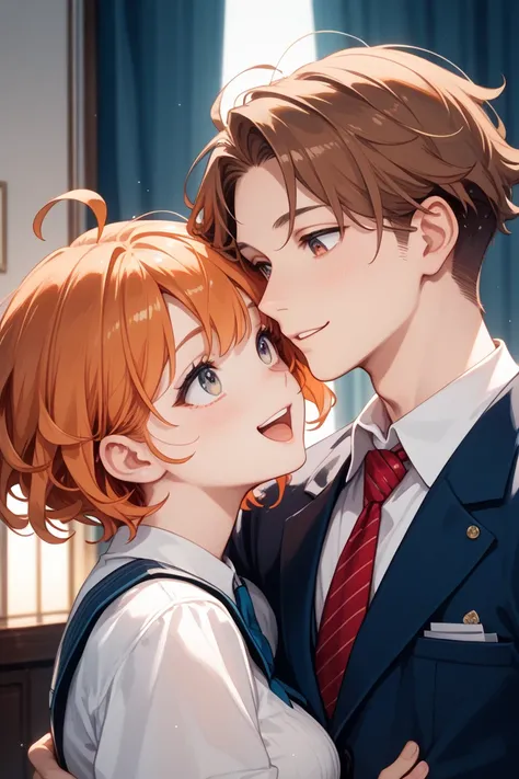 Couple, 2 boy, happy-looking smiles, bishounen, college age, short hair, looking down , eye contact , A has sharp, upturned eyes with reddish-brown irises, B is being hugged and has orange hair with a central hair tuft and an ahoge, B has droopy eyes with ...