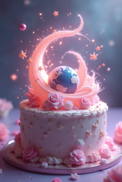 cake 3D render, planet on cake, galaxy, 4K, pink atmosphere