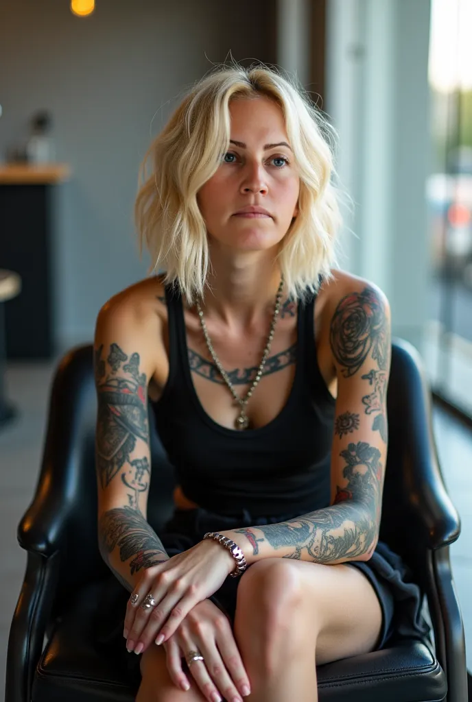 **Portuguese:**  
"A blonde girl with short hair, with several visible tattoos, facial expression of 'girl', Sitting in a black chair.  She's wearing a casual outfit ,  but with a touch of attitude , and the surrounding environment is modern and urban."

*...