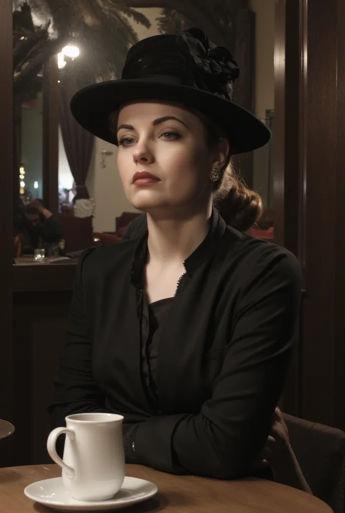 woman with her cup of coffee at a café table, look away to the side, eyes wide open and vague, her head turned she looks into the distance, slight apprehension, she's waiting for someone, stylish hat, masterpiece, award winning, high quality, sober composi...