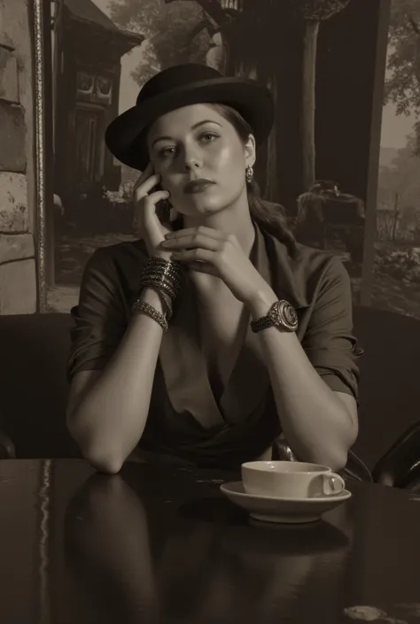 woman with her cup of coffee at a café table, look away to the side, eyes wide open and vague, her head turned she looks into the distance, slight apprehension, she's waiting for someone, stylish hat, masterpiece, award winning, high quality, sober composi...