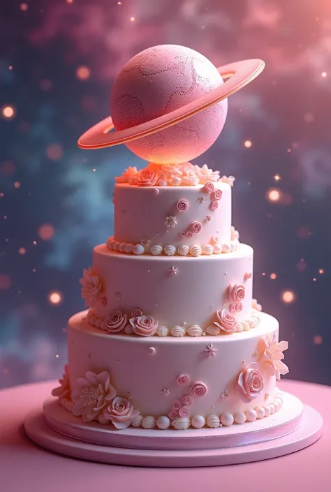 wedding cake, 3D render, planet on cake, galaxy, 4K, pink atmosphere, 3 layer