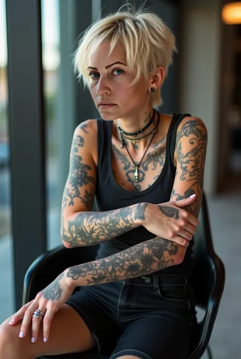 **Portuguese:**  
"A blonde girl with short hair, with several visible tattoos, facial expression of 'girl', Sitting in a black chair.  She's wearing a casual outfit ,  but with a touch of attitude , and the surrounding environment is modern and urban."

*...