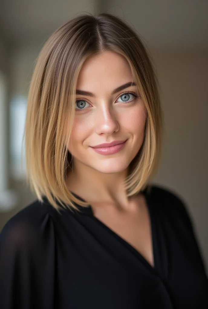 A photorealistic portrait of a 23-year-old American woman with sparkling blue eyes and straight, shoulder-length blonde hair, styled with a sleek, modern aesthetic. She is elegantly dressed in a trendy, dark-colored blouse that contrasts beautifully with h...