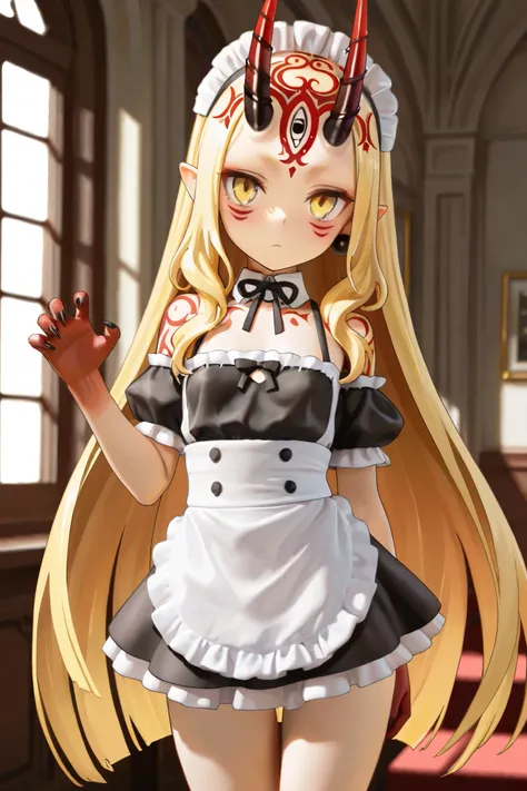 NSFW,masterpiece,Highest quality,Hi-Res,very detailed,Ibaraki Doji\(Fate/Grand Order),long hair、 Gold、side lock、yellow eyes、pointed ears、 face mark 、tattoo、 forehead mark、ghost、horn、Sharp Claws,maid outfit, classic maid, luxury mansion