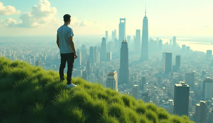 Change to the background, keeping the man from the image to a hill where in the background shows a large city. The man is in the hill.