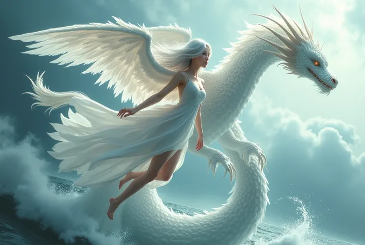 A realistic mature asian fae with huge and feather wings and long white hair, Parted Bangs, wearing a white short dress. She is flying over an agitated sea with a huge white water dragon 