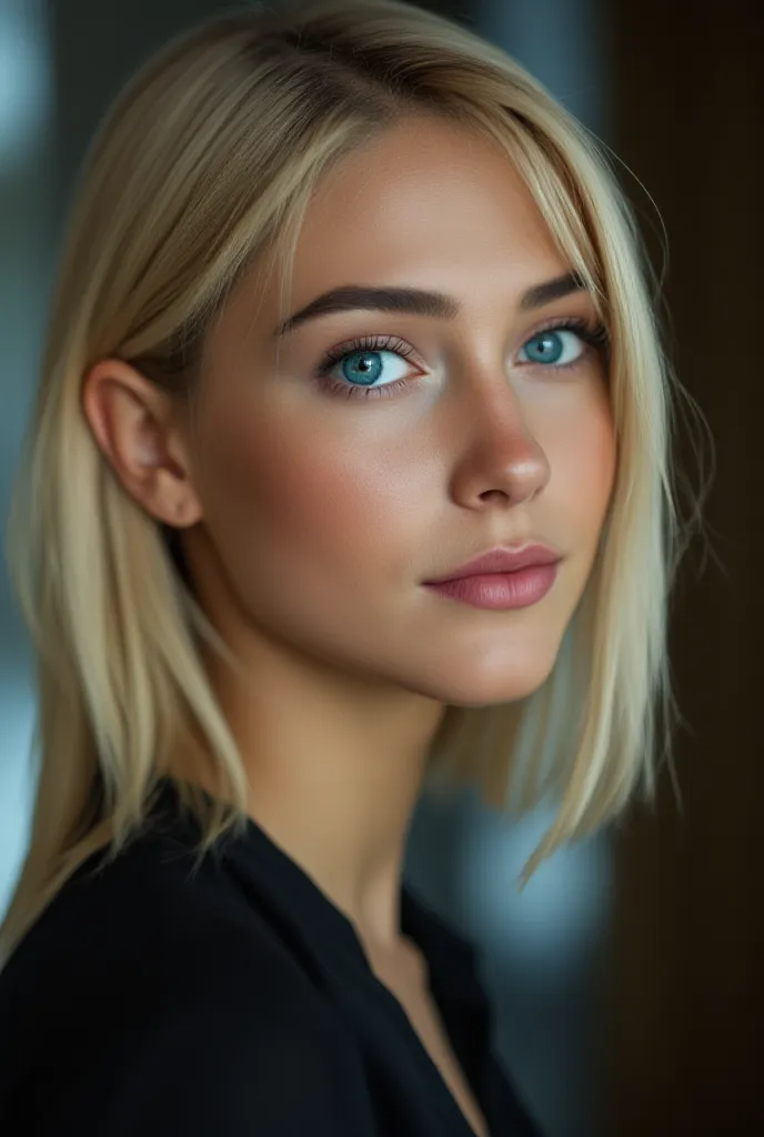 A photorealistic portrait of a 25-year-old American woman with sparkling blue eyes and straight, shoulder-length blonde hair, styled with a sleek, modern aesthetic. She is elegantly dressed in a trendy, dark-colored blouse that contrasts beautifully with h...