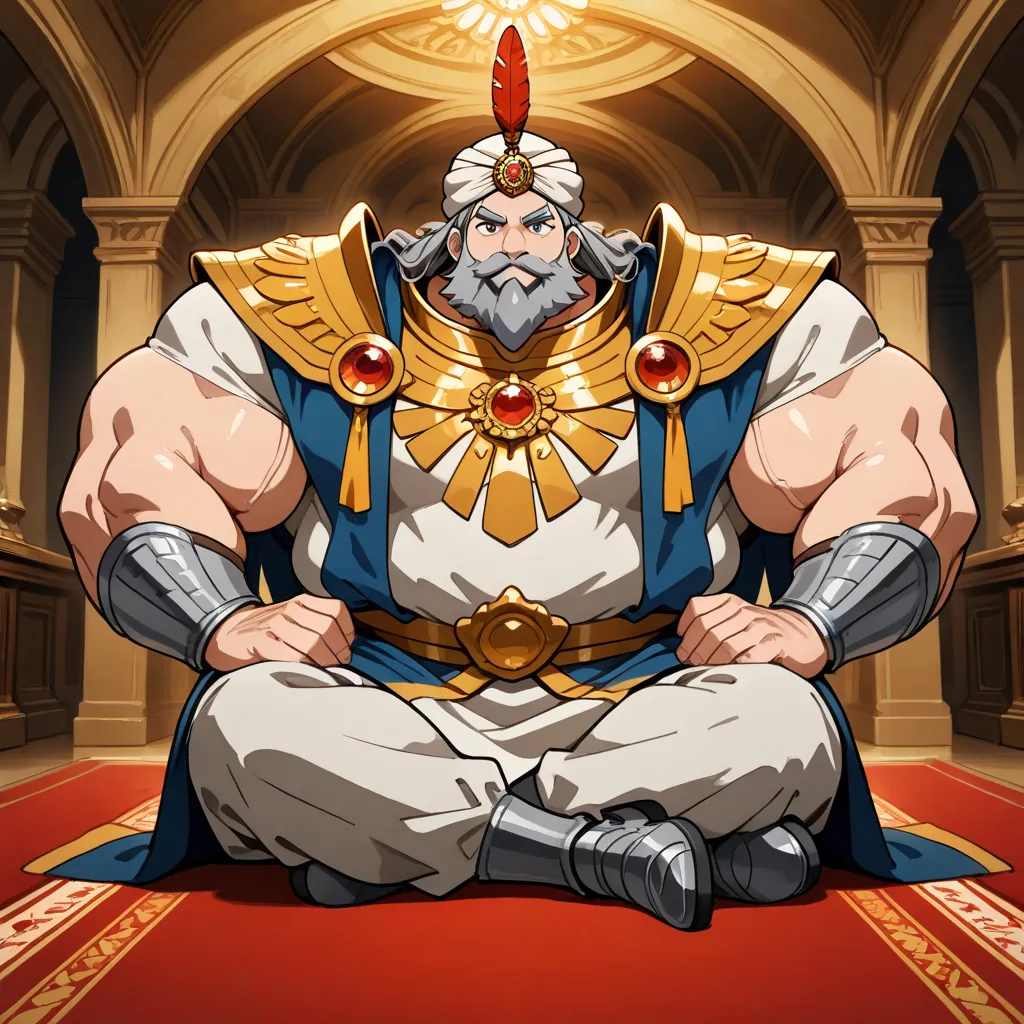 A gigantic, extremely tall and very obese anime hindu chief warrior with very long grey hair and very long grey beard, with very large muscles on his shoulders and arms, with big strong hands, wearing a fancy hindu turban with a red feather on top if it, d...