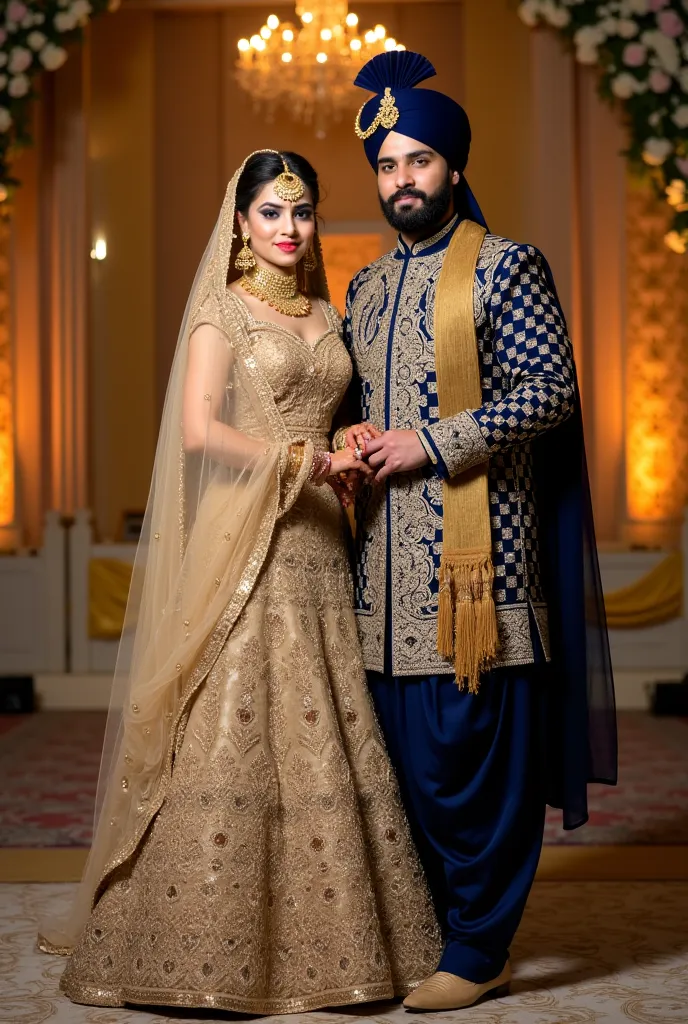 A stylish couple dressed in traditional Indian wedding attire. The bride is wearing a stunning golden lehenga with intricate embroidery, paired with traditional gold jewelry, including a maang tikka, choker, and bangles. Her makeup is elegant, with kohl-li...