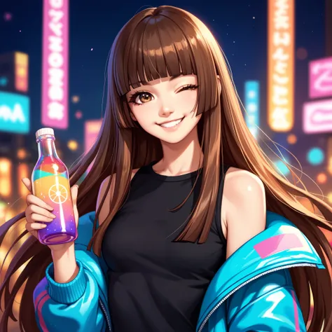 score_9, score_8_up, score_7_up, source_anime, 1girl, solo, smile, one eye closed, brown hair, long hair, hime cut, hmcut, brown eyes, holding a bottle, small breasts, cute, vibrant colors