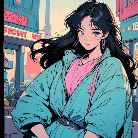  The city lights cast a warm glow around her ,  Street life and tranquility ,  Depicted as a young woman with long hair .   She is comfortable  ,  A charming scene of a woman walking through a vibrant night city ,  Listening to lo-fi synth pop from headpho...