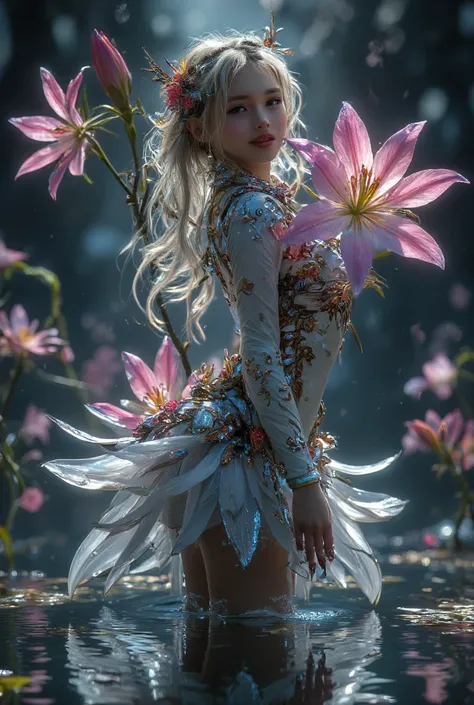 (anthropomorphic lily flower), (girl and lily flower fusion), Lily Flower Fairy, depict a shining girl in detail, Smiling Girl, Picture of a shining person, long hair,  reflecting pool , Calm Atmosphere,  calm pose:1, Full pose:1