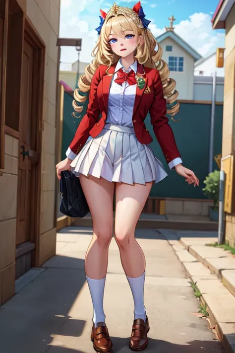 (masterpiece, best quality, absurdres, 4k, aesthetic, detailed, intricate),1girl,nikkecrwn,tiara, hair ribbon, long blonde drill hair, drill locks,school uniform, school uniform, blazer, red blazer, bow, bowtie, collared shirt, jacket, long sleeves, pleate...