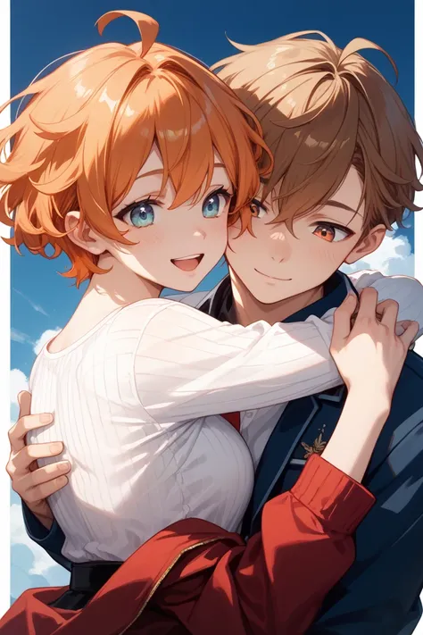 Couple, 2 boy, happy-looking smiles, bishounen, college age, hugging from behind , short hair, looking down , A has sharp, upturned eyes with reddish-brown irises, B is being hugged and has orange hair with a central hair tuft and an ahoge, B has droopy ey...