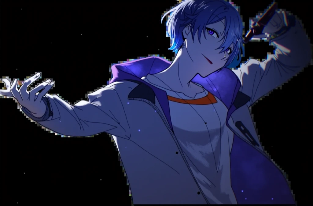 The left half is dark blue, A man with light blue hair and gray eyes on the right half sings a song