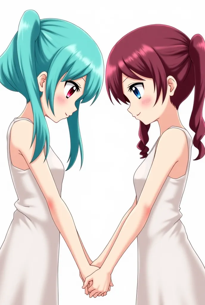 two anime girls holding hands, upper body, anime style, the first girl has turquoise hair in two long pigtails and the other one has dark red hair with curly pig tails, both with blue and red eyes. simple background, comic style