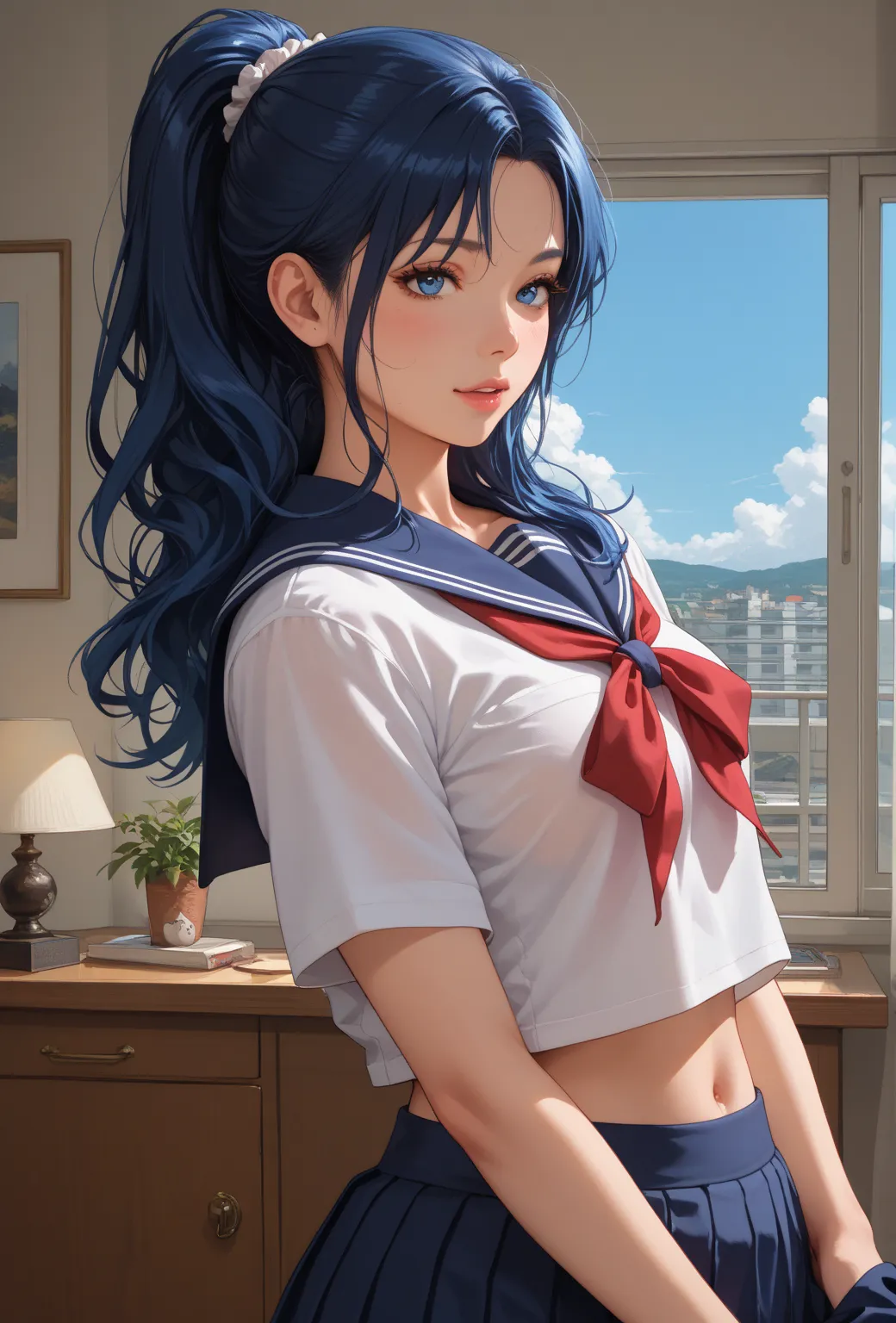 solo focus,  1girl , (masterpiece, high quality:1), girl, Japanese, Asian, petite build, miniature body, blue eyes, long blue hair tied in a ponytail, girl в сексуальной одежде. I'm a Japanese school uniform,  sailor , short miniskirt, Sexy position, stand...