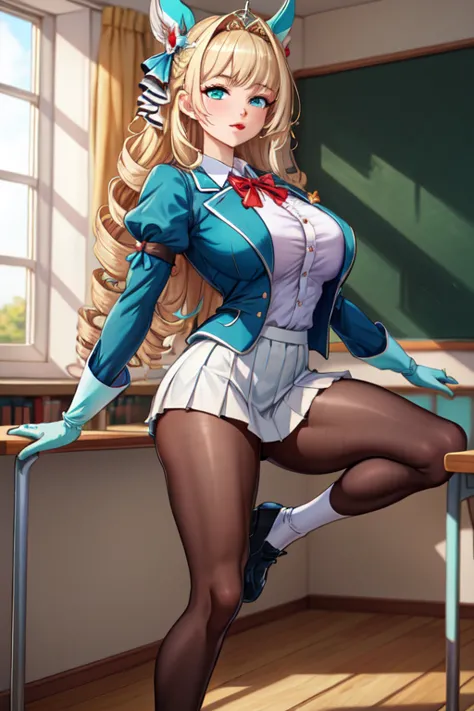 (masterpiece, best quality, absurdres, 4k, aesthetic, detailed, intricate),1girl,nikkecrwn,tiara, hair ribbon, long blonde drill hair, drill locks,school uniform, school uniform, blazer, red blazer, bow, bowtie, collared shirt, jacket, long sleeves, pleate...