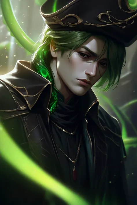 Male, pale skin, tentacle hair, emerald green hair colour, octopus tentacles, mature male, handsome, 90s, black pirate clothing, fang, tired eyes, black eyes, horizontal pupils