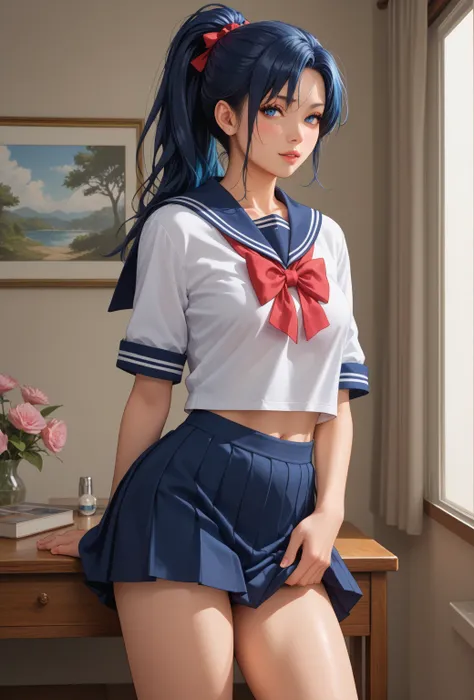 solo focus,  1girl , (masterpiece, high quality:1), girl, Japanese,  sexy photo shoot ,  Frankly, Asian, petite build, miniature body, blue eyes, long blue hair tied in a ponytail, girl в сексуальной одежде. I'm a Japanese school uniform,  sailor ,  short ...