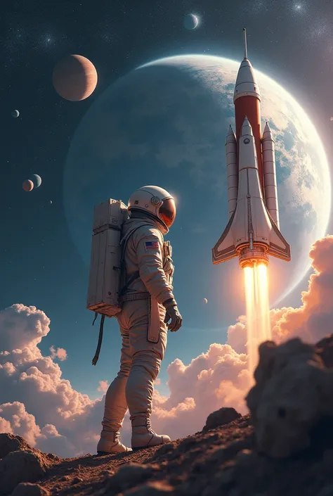   astronaut attached photo with a background of planets, shimmering stars and a hyperrealistic space rocket