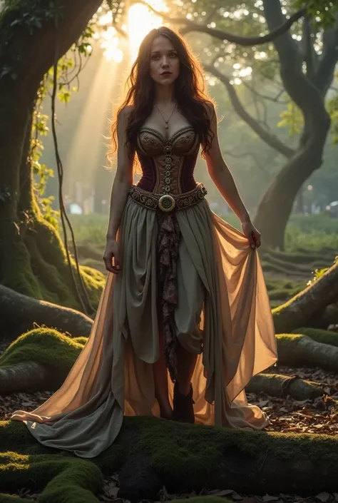 In a captivating, ethereal tableau set in the heart of an ancient, moss-covered oak forest at dusk, K3LLYL0S, with her long, wavy brown hair cascading like a waterfall over her shoulders, stands poised and regal. The sun's last rays dance through the leave...